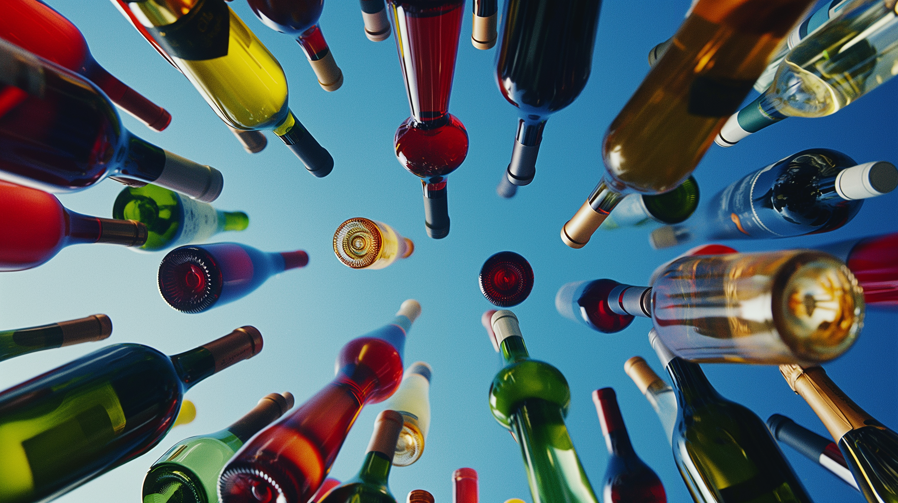 Vins — bouteilles en lévitation, ambiance surréaliste luxe