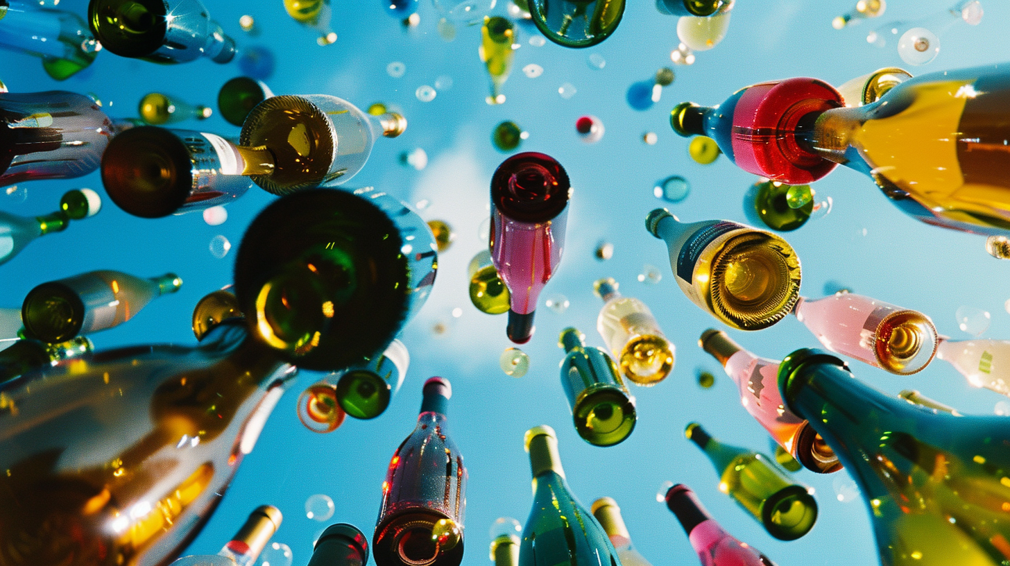 Vins — profusion de bouteilles flottantes, direction artistique